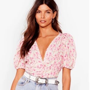 Floral V Neck Puff Sleeve Blouse